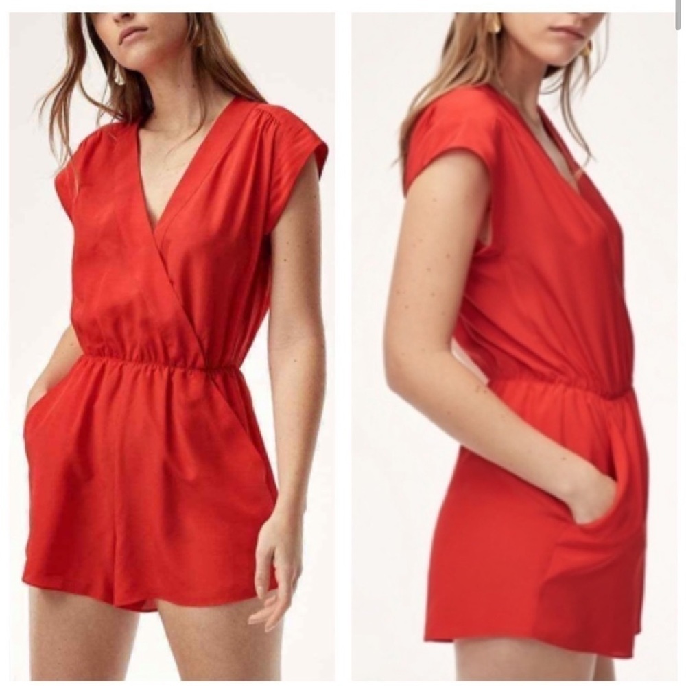 Aritzia Babaton Corbett Red Orange 100% Silk Shorts V Neck Romper XS